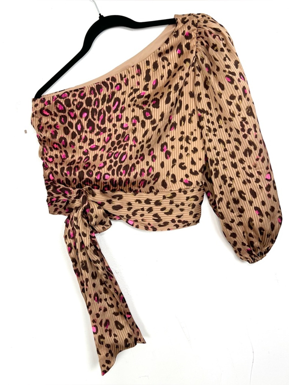 NWOT Express Leopard Satin Brown Pink One Shoulder Top Tie Front XS - Picture 1 of 4